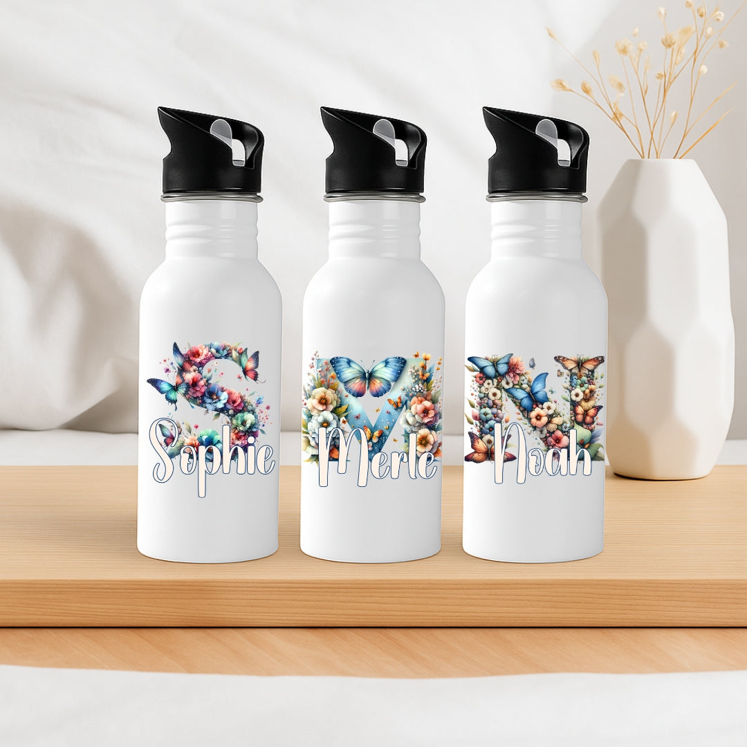 Kinder Trinkflasche personalisiert mit Blume Schmetterling Motiv und Namen für Schule und Kindergarten