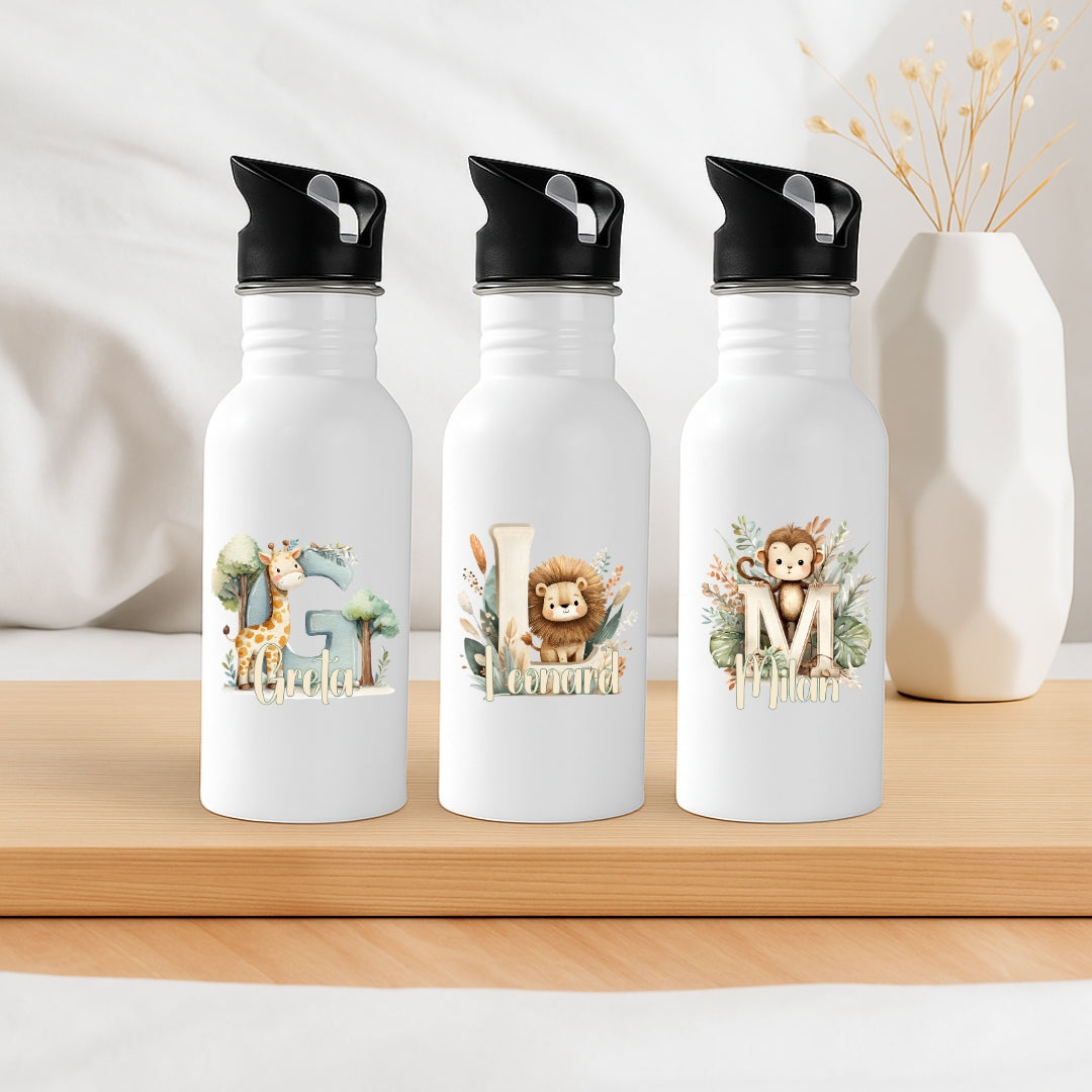 Edelstahl Trinkflasche Kinder mit personalisiertem Namen und Tiere Motiv für Schule