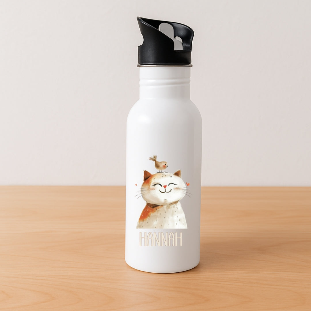 Kinder Trinkflasche mit Strohhalm beige Tiermotive