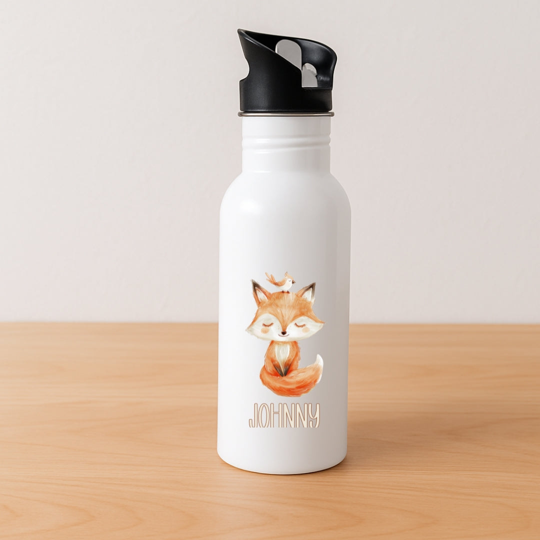 Kinder Trinkflasche mit Strohhalm beige Tiermotive