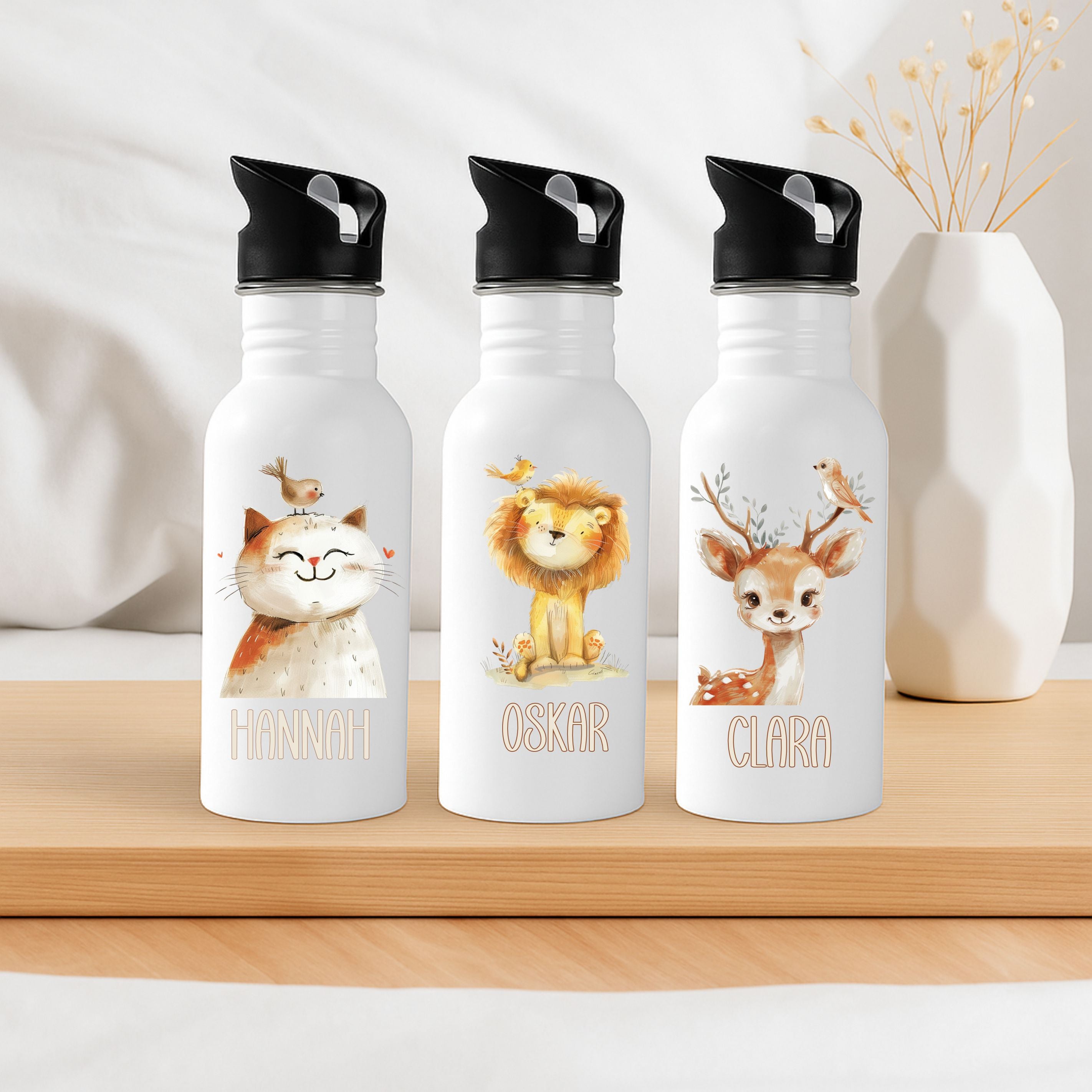 Kinder Trinkflasche mit Strohhalm beige Tiermotive