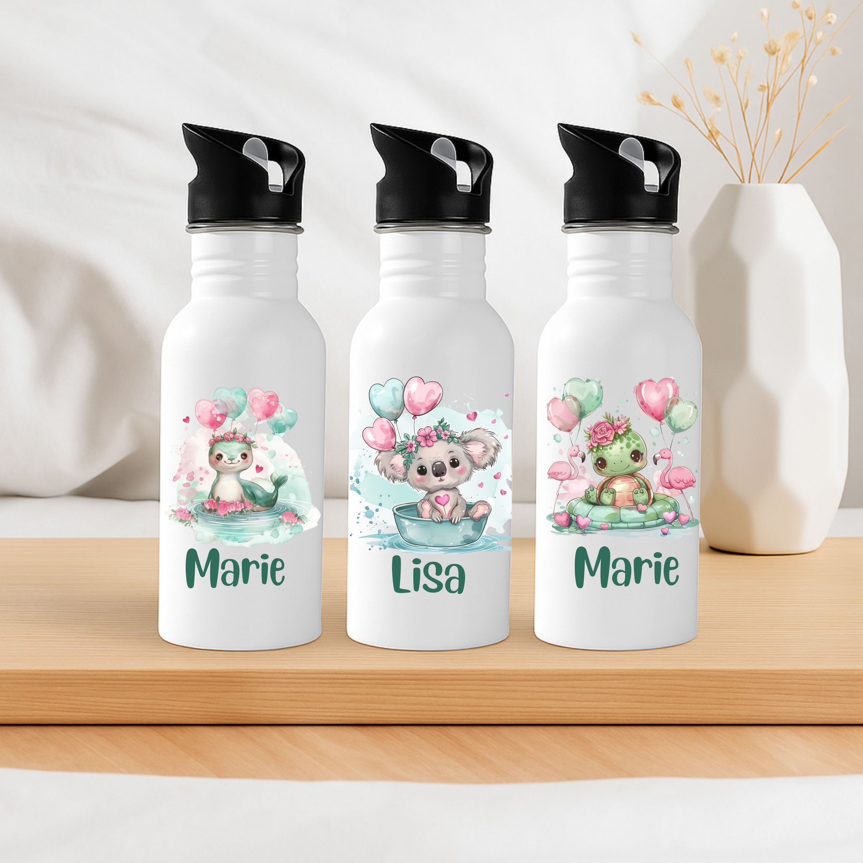 Personalisierte Kinder Trinkflasche Tierchen mit Luftballon