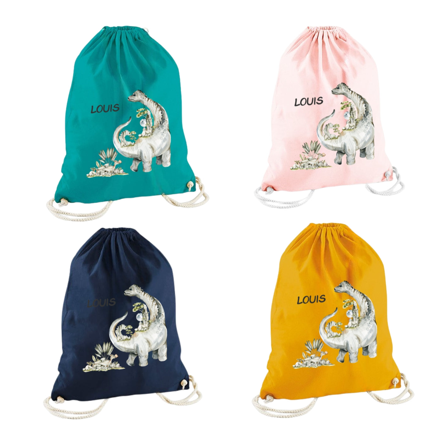 Turnbeutel Dino personalisiert – Bio Baumwolle für Kinder