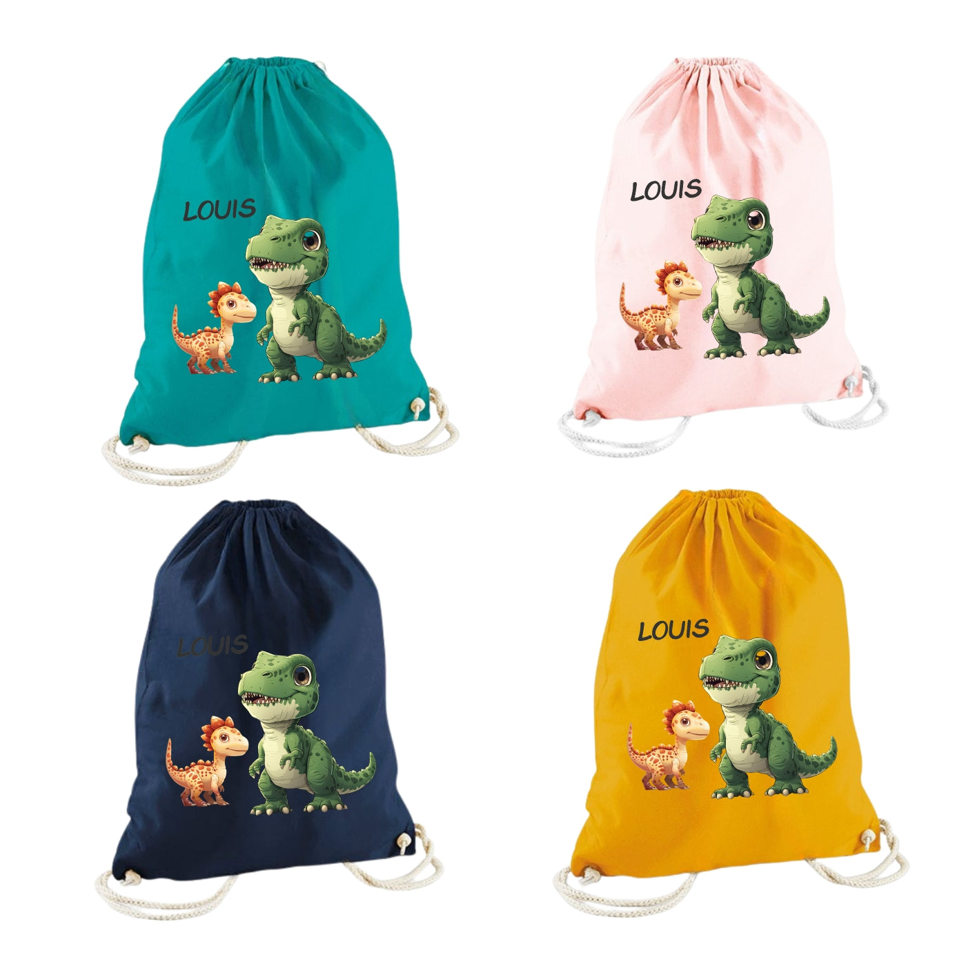 Turnbeutel Dino personalisiert – Bio Baumwolle für Kinder