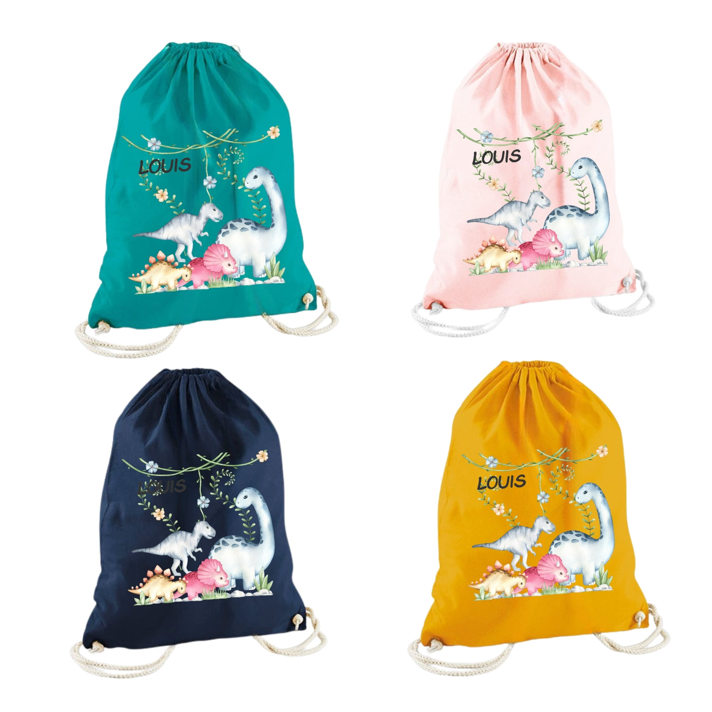 Turnbeutel Dino personalisiert – Bio Baumwolle für Kinder