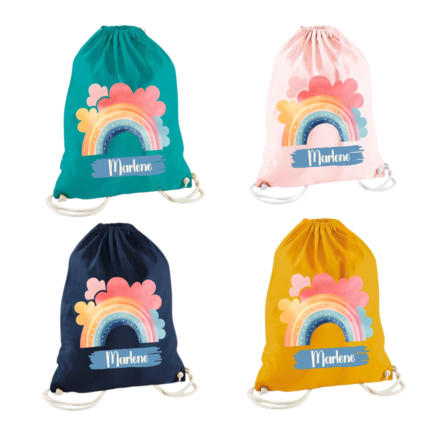 Turnbeutel Regenbogen personalisiert – Bio Baumwolle Kinder