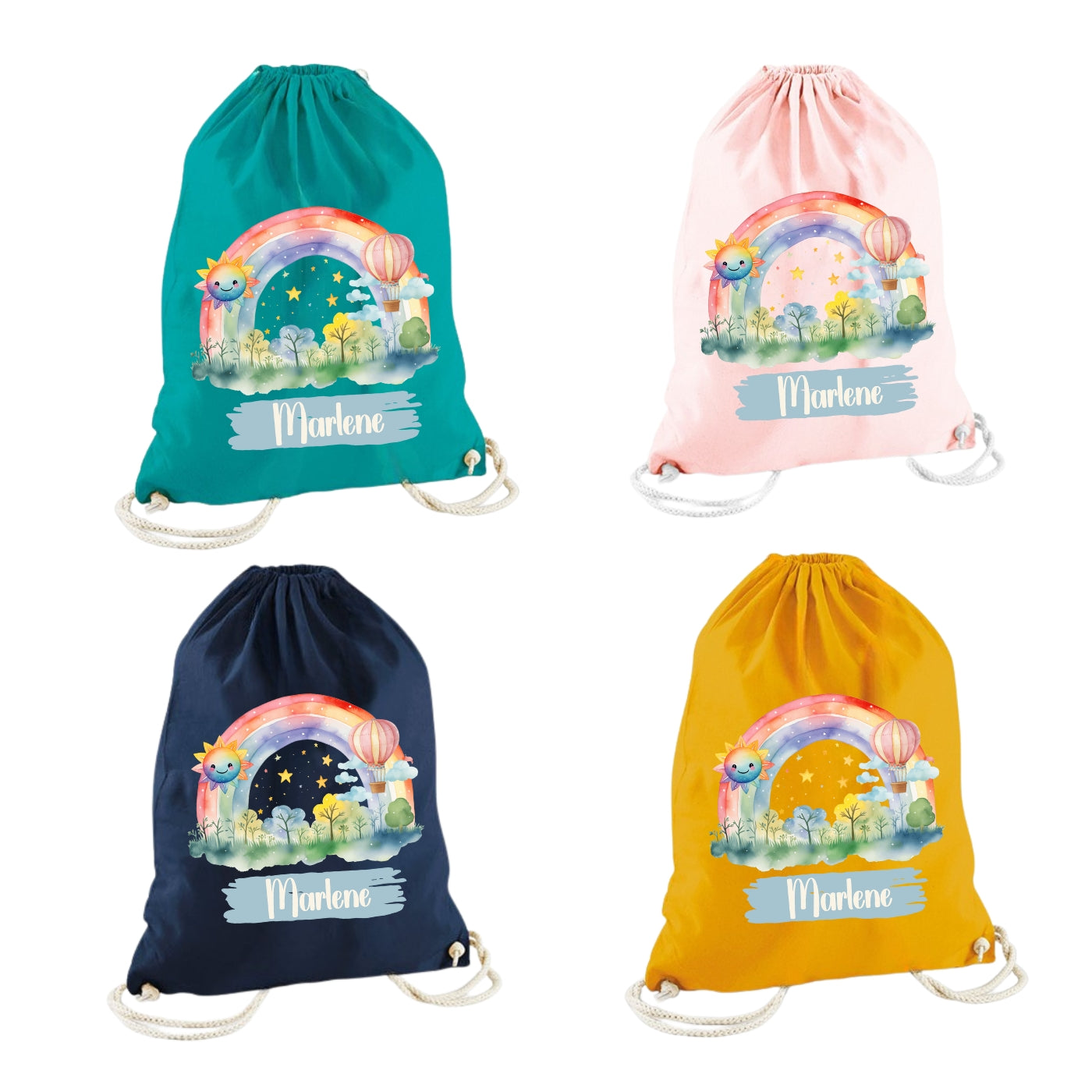 Turnbeutel Regenbogen personalisiert – Bio Baumwolle Kinder