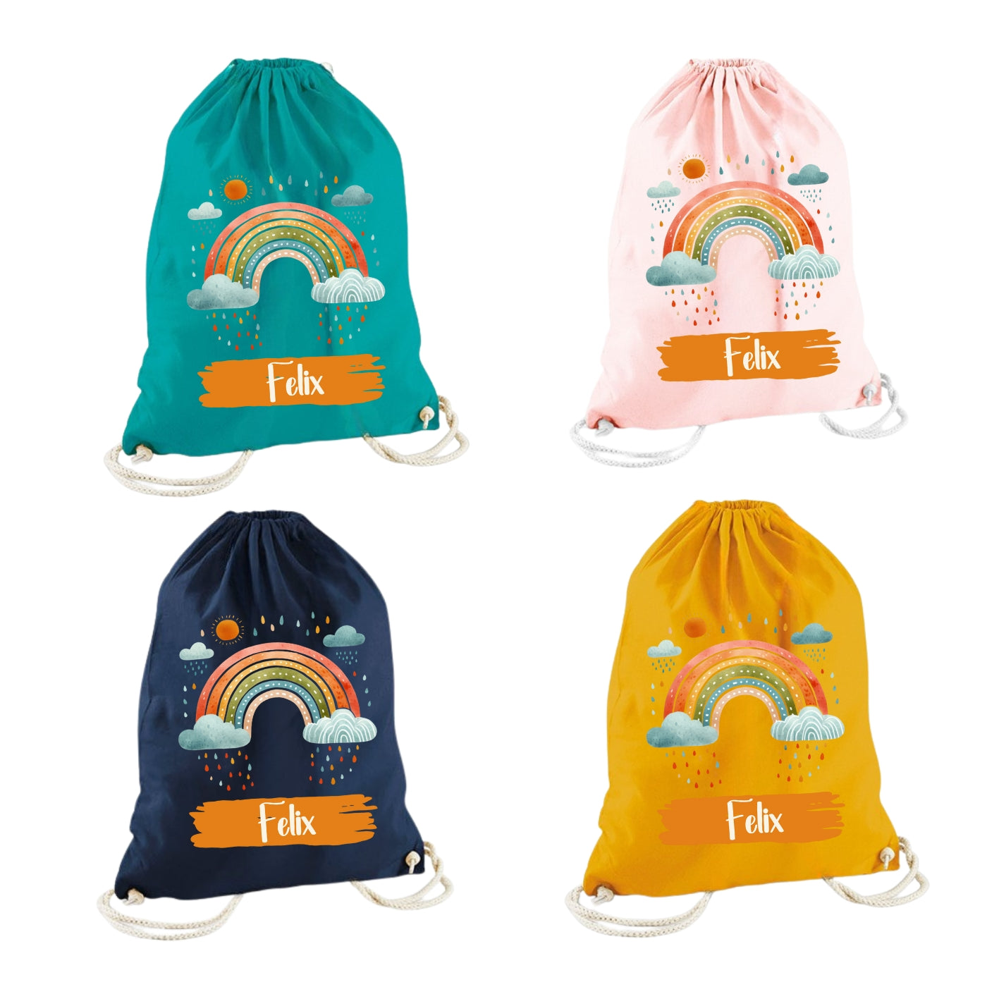 Turnbeutel Regenbogen personalisiert – Bio Baumwolle Kinder
