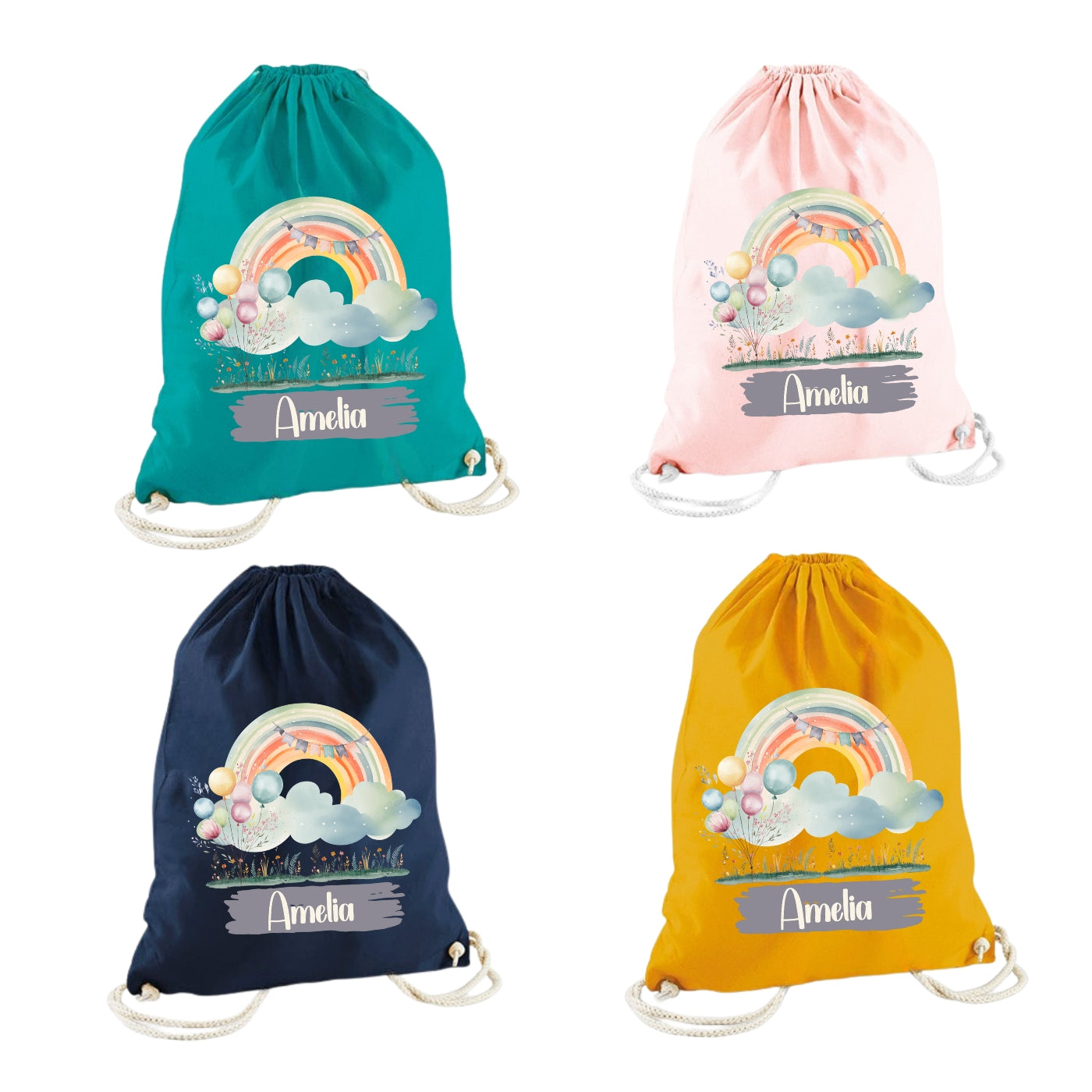 Turnbeutel Regenbogen personalisiert – Bio Baumwolle Kinder