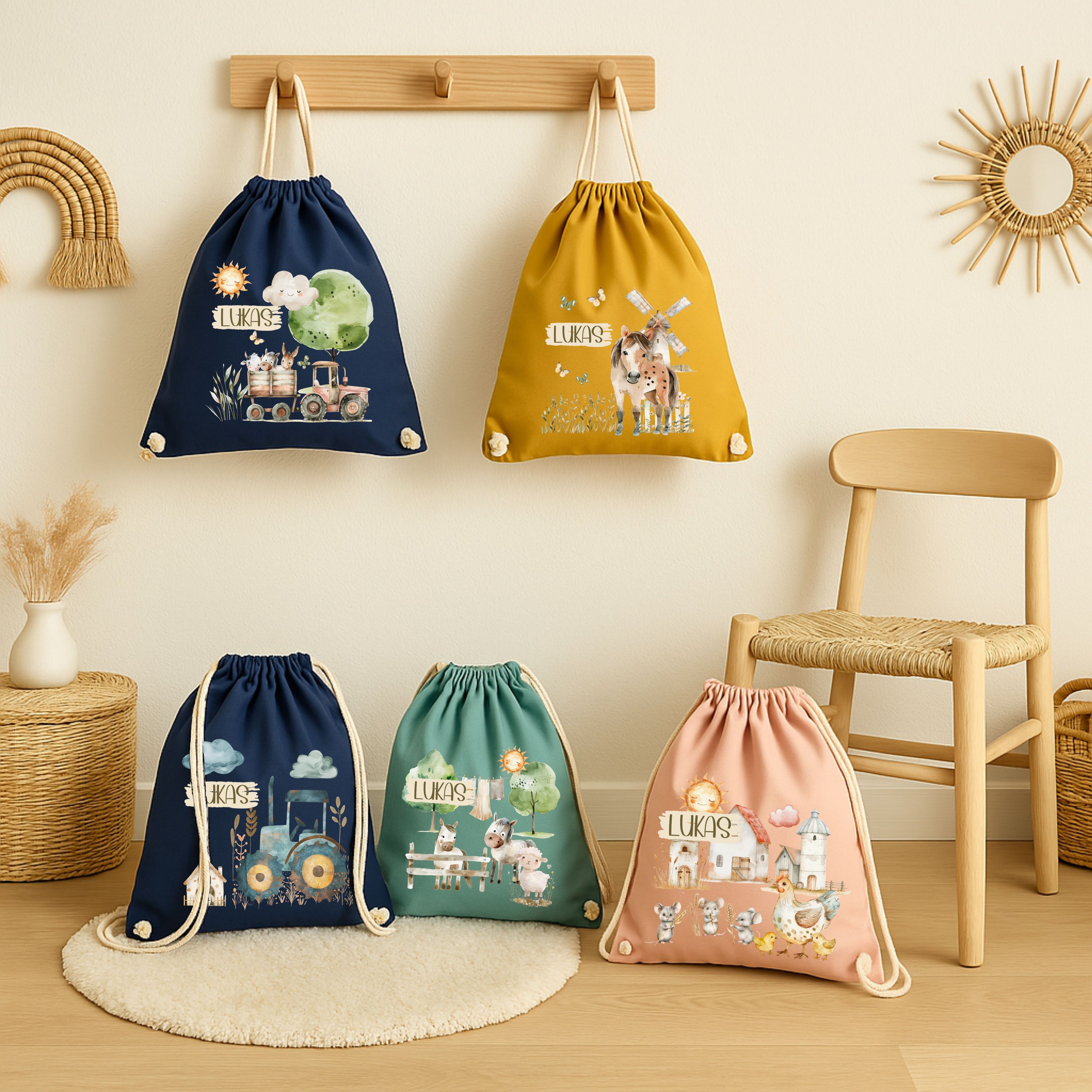 Turnbeutel Bauernhof Kinder personalisiert – Bio Baumwolle