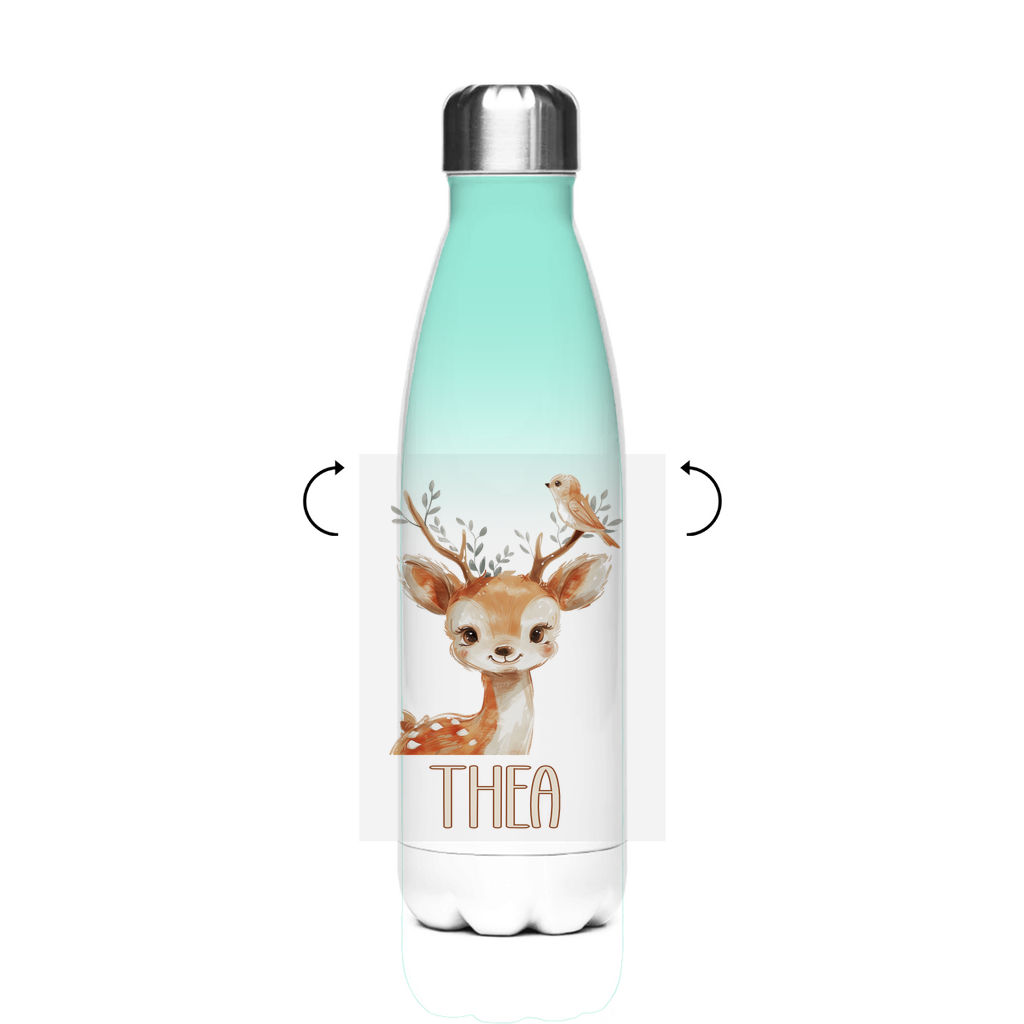 Thermo Trinkflasche Edelstahl 500 ml Kinder mit Tiermotiven (Katze, Bär, Affe) in Beige – auslaufsicher & personalisiert