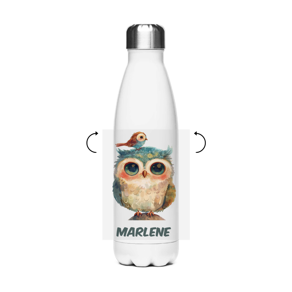 Thermo Trinkflasche 500 ml Edelstahl mit bunten Tiermotiven für Kinder – Eule, Tiger, Pinguin & mehr – auslaufsicher & personalisiert