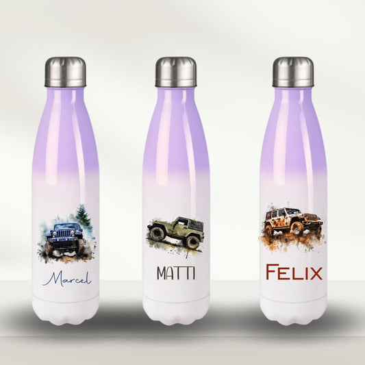 Thermo Wasserflasche lila mit Monstertrack Motiven für Schule und Kita Namen personalisiert - großes Auto Geländewagen