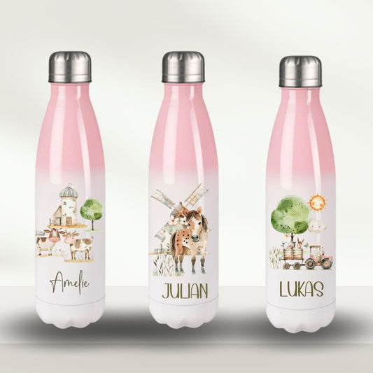 Thermo Trinkflasche rosa mit Bauernhof Motiven für Kinder personalisiert - Traktor, Pferd, Dorf, Kuh