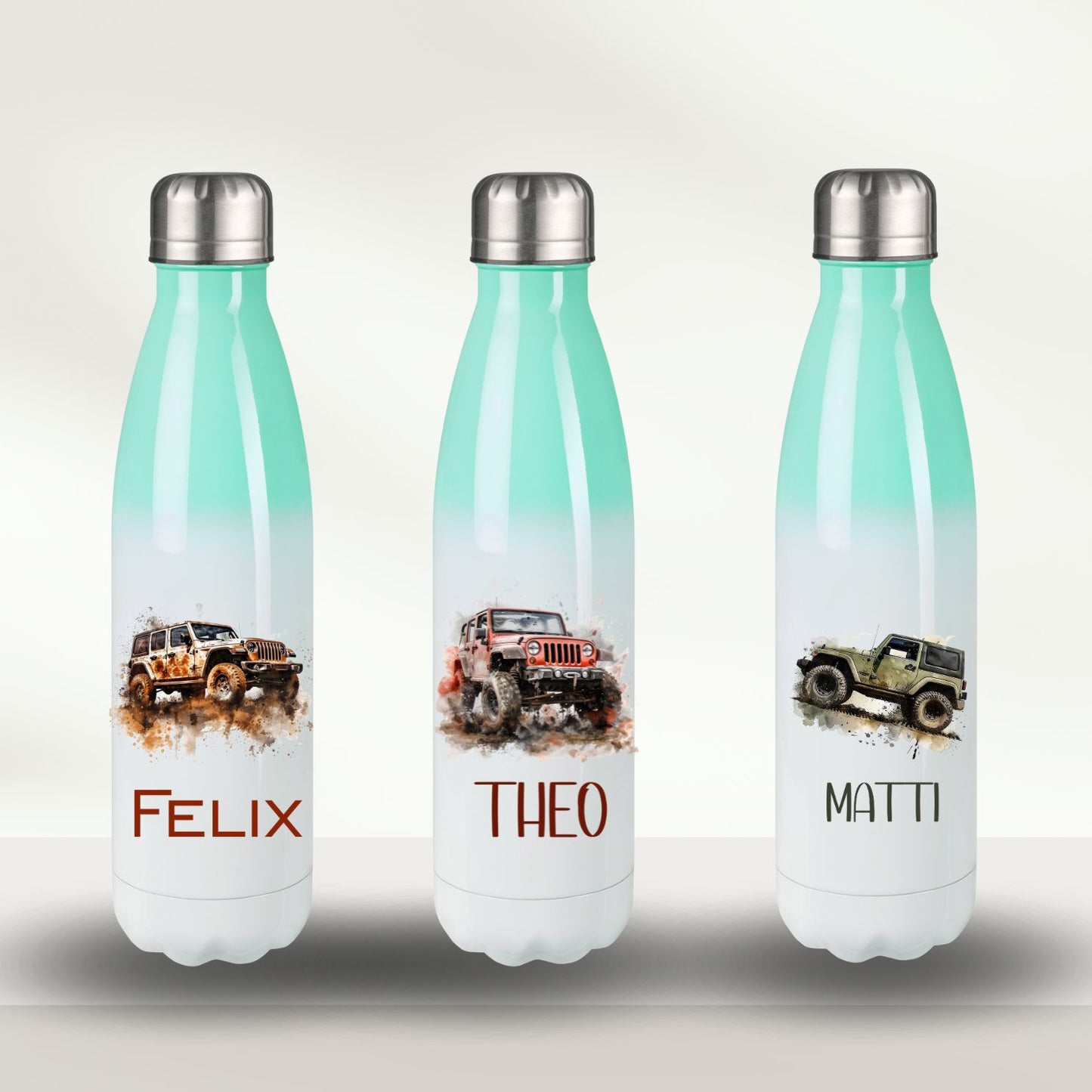 Isoliertrinkflasche türkis mit Monstertrack Motiven für Schule und Kita mit Wunschnamen- großes Auto Geländewagen