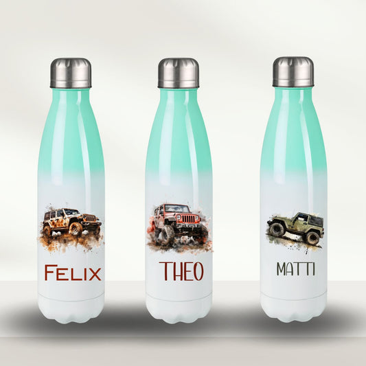 Isoliertrinkflasche türkis mit Monstertrack Motiven für Schule und Kita mit Wunschnamen- großes Auto Geländewagen