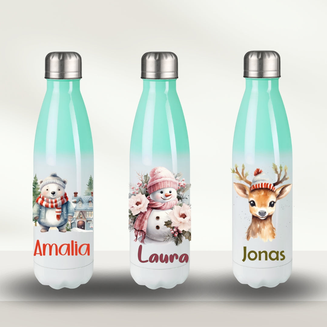 Kinder Isolierflasche Türkis mit Namen – Waldtiere: Elch, Pinguin, Eisbär & Fuchs – Personalisierte Trinkflasche, Weihnachtsgeschenk