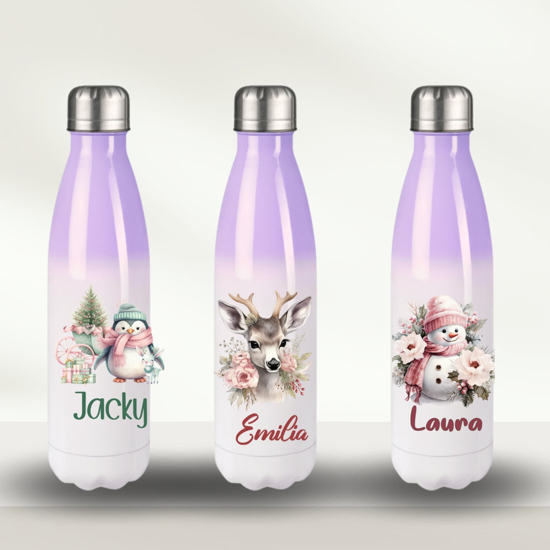 Kinder Wasserflasche Lila mit Namen – Waldtiere: Elch, Pinguin, Eisbär & Fuchs – Personalisierte Isolierflasche, Weihnachtsgeschenk