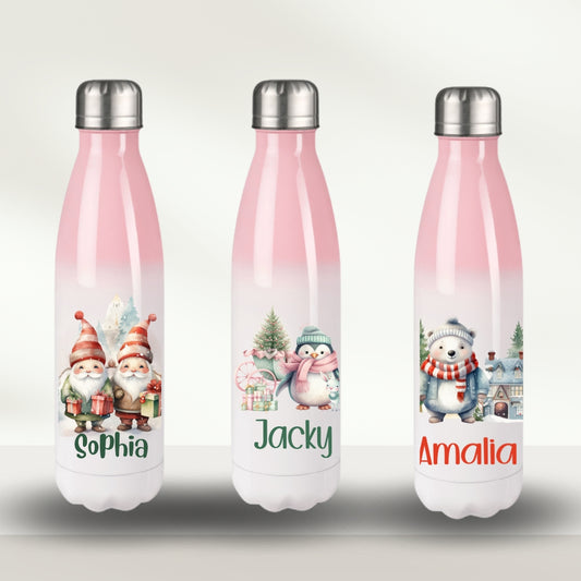 Kinder Trinkflasche Rosa mit Namen – Waldtiere: Elch, Pinguin, Eisbär & Fuchs – Isolierte Wasserflasche, Weihnachtsgeschenk