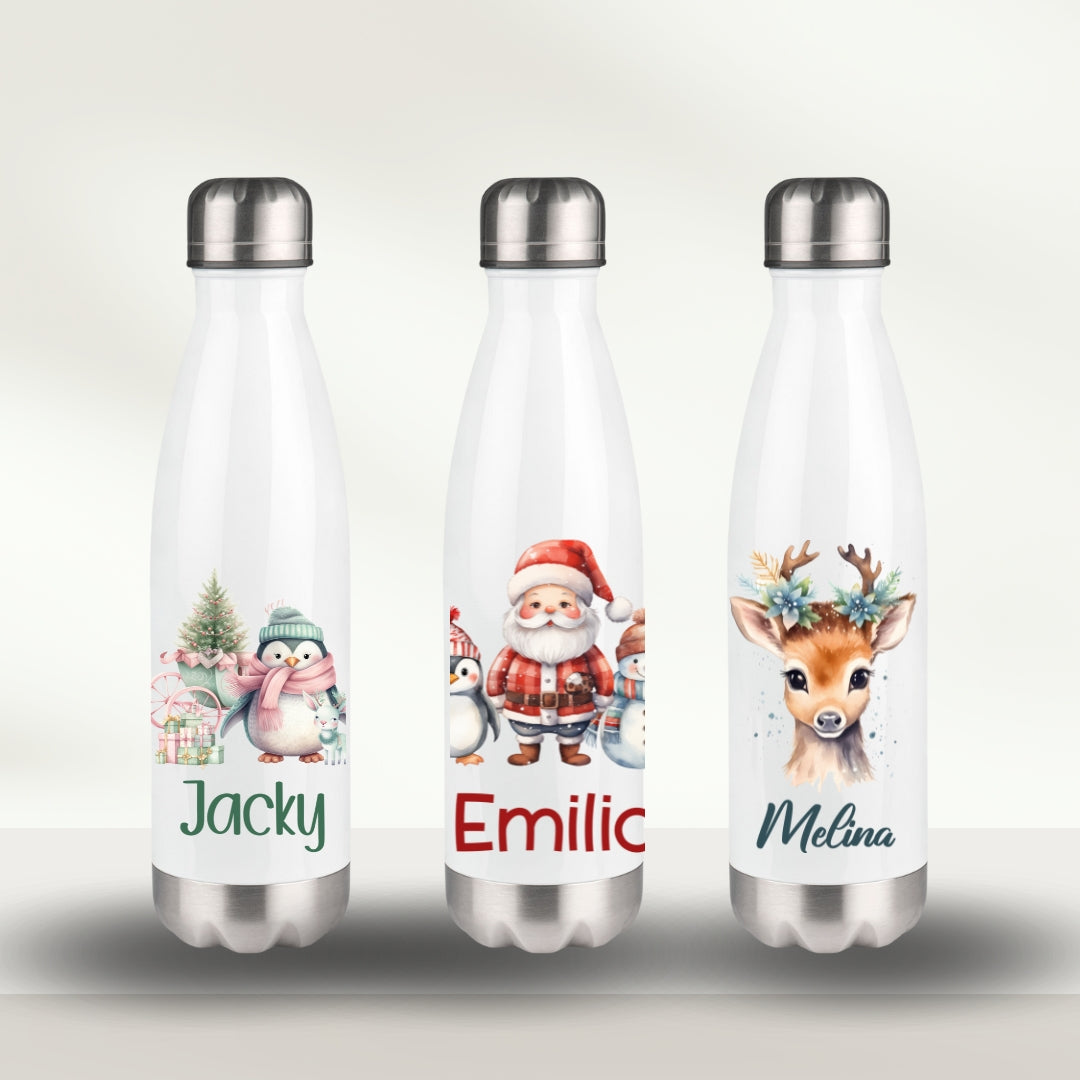 Kinder Thermoflasche mit Namen – Waldtiere: Elch, Pinguin, Eisbär & Fuchs – Isolierflasche, Geschenk zu Weihnachten & Nikolaus