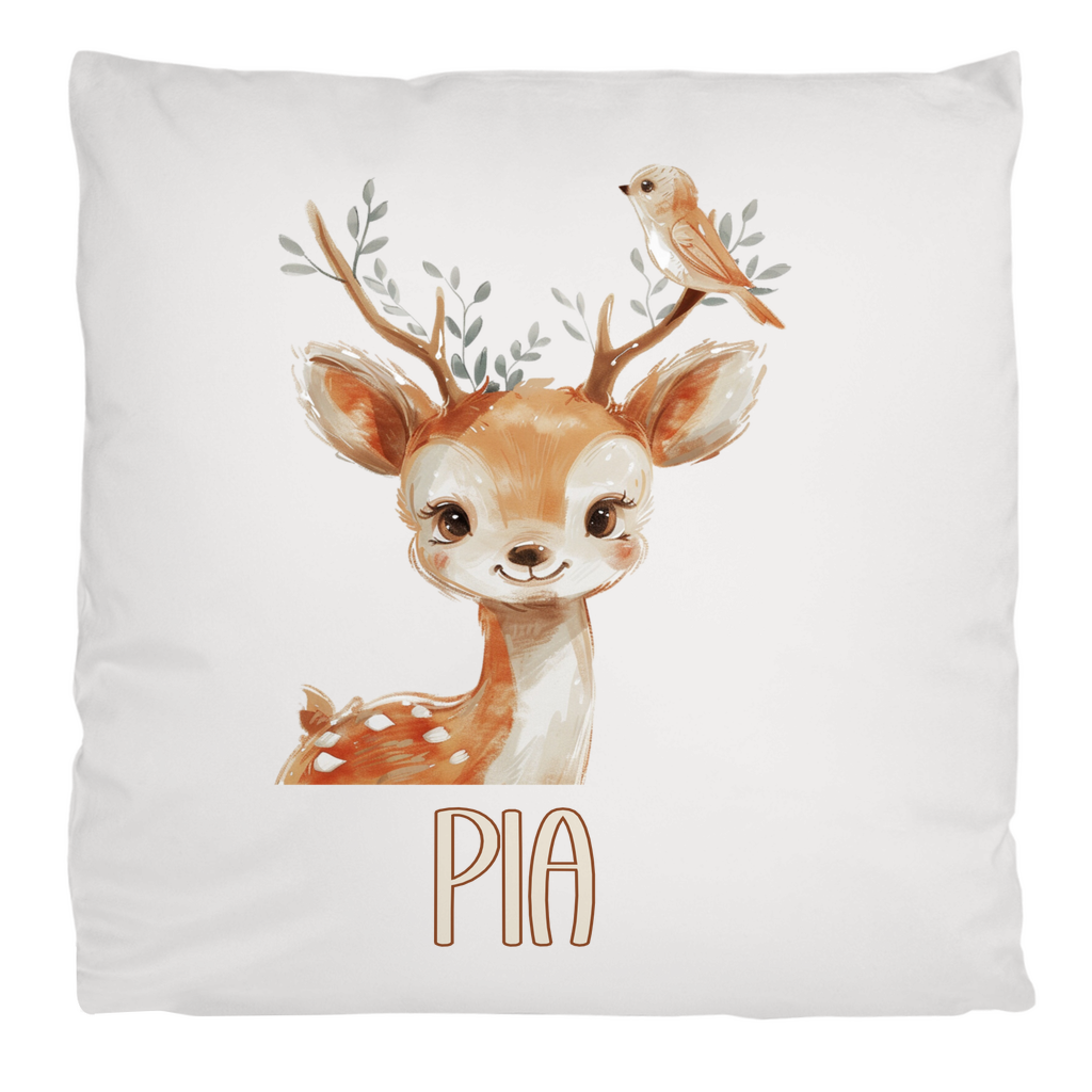 Personalisierbares Kissen mit süßen beigen Tiermotiven – Reh, Löwe, Katze & Bär für Kinder, 40x40 cm