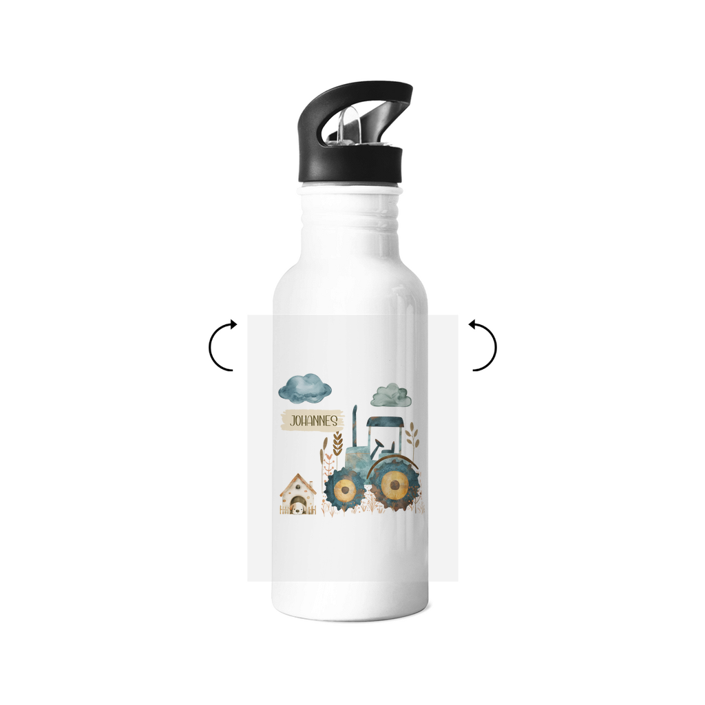 Kinder Trinkflasche mit Bauernhof-Motiv, Traktor & Tieren – personalisierbar mit Namen, Edelstahl 500ml, mit Strohhalm, auslaufsicher