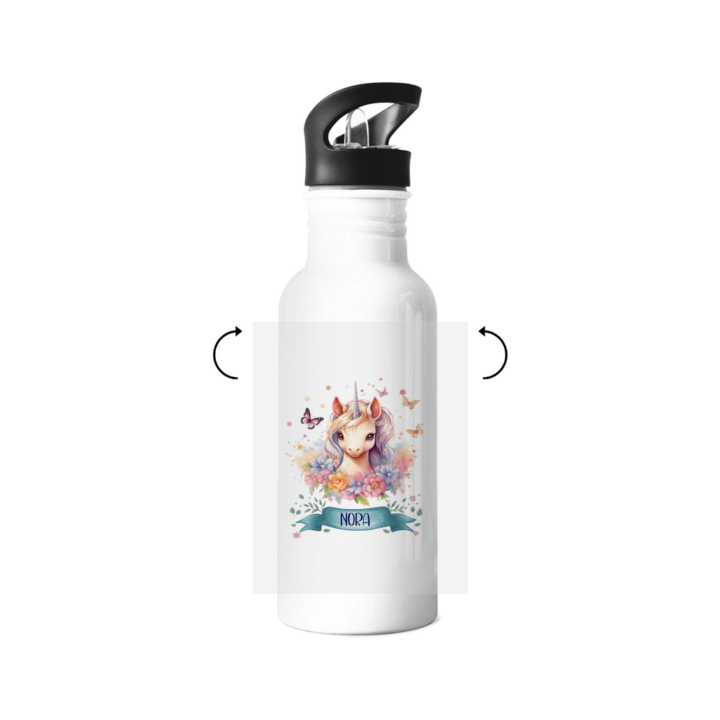 Personalisierte Edelstahl Trinkflasche Kinder mit Einhorn-Design – 500ml, mit Strohhalm, auslaufsicher & spülmaschinenfest, rosa Regenbogen-Motiv