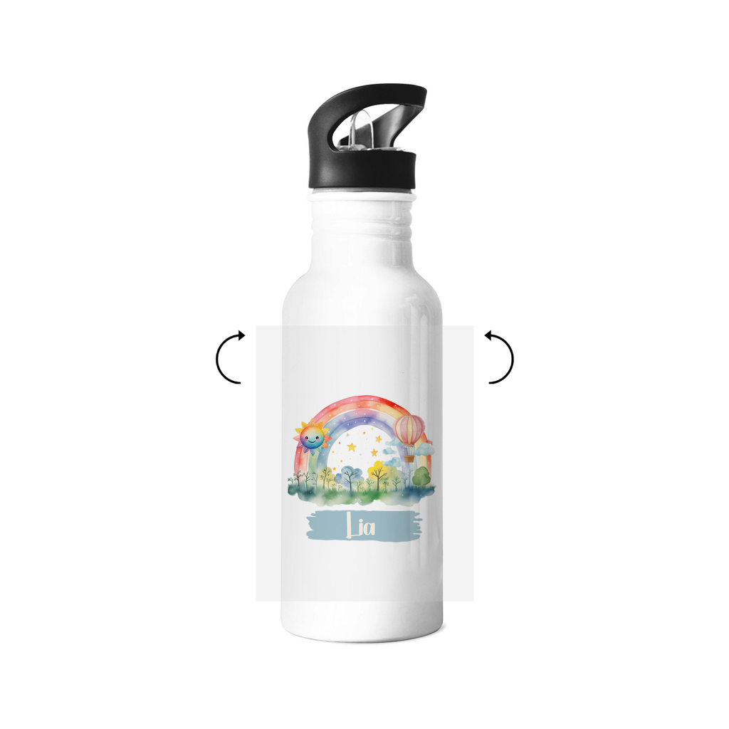Personalisierte Kinder Trinkflasche mit Regenbogen-Motiv – Edelstahl 500ml, mit Strohhalm, auslaufsicher & spülmaschinenfest, buntes Design für Mädchen

