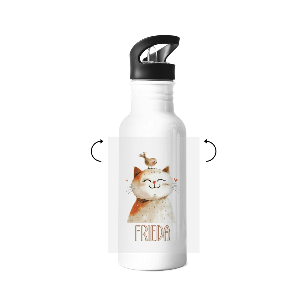 Personalisierte Kindertrinkflasche mit Tiermotiv in Beige – 500ml Edelstahl, mit Strohhalm, spülmaschinenfest & auslaufsicher