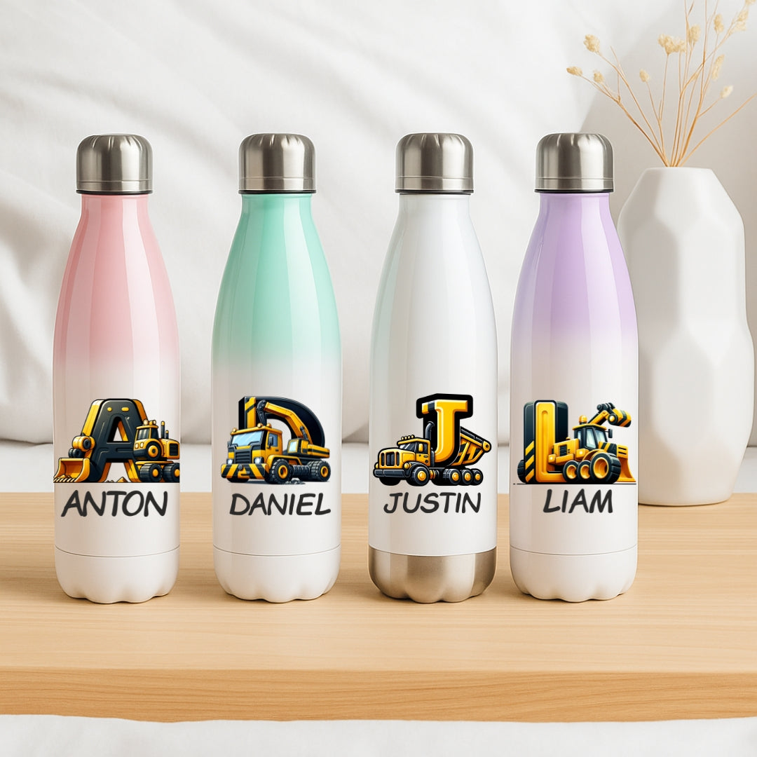 Personalisierte Thermoflasche Kinder mit Namen Baustelle Motiv für Schule und Kindergarten