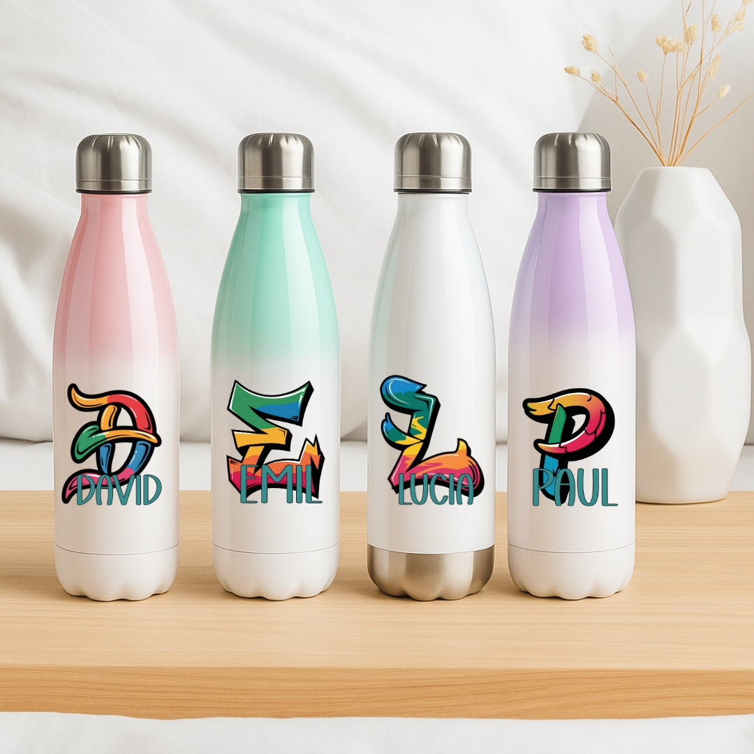 Personalisierte Thermoflasche Kinder mit Namen Graffiti Motiv für Schule und Kindergarten