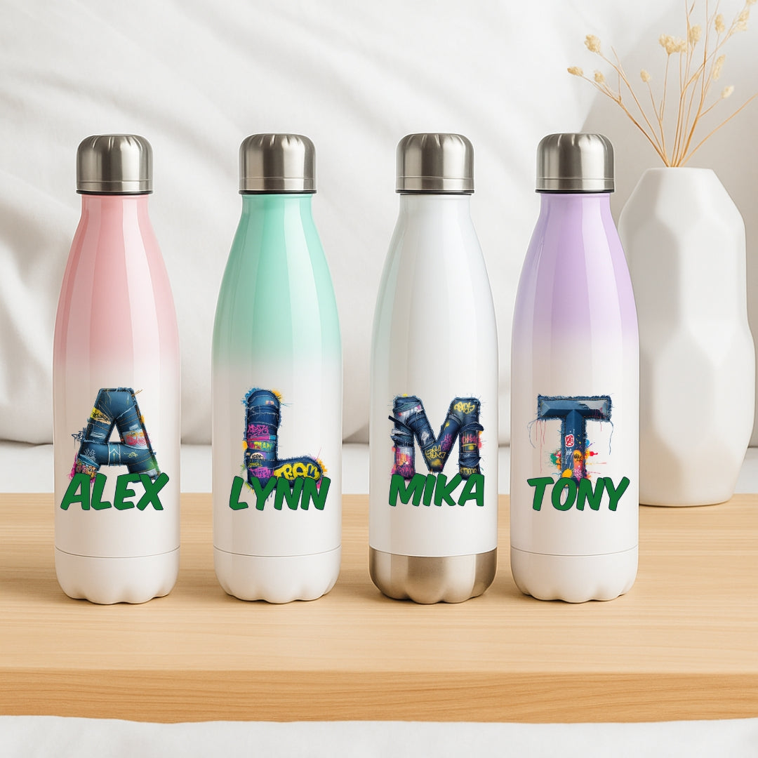 Personalisierte Thermoflasche Kinder mit Namen Graffiti Jeans Motiv für Schule und Kindergarten