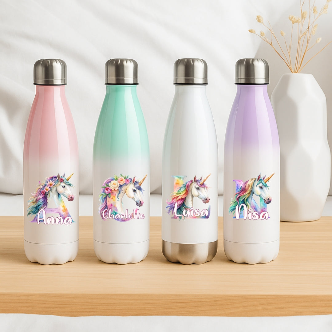Personalisierte Thermoflasche Kinder mit Namen Einhorn Motiv für Schule und Kindergarten
