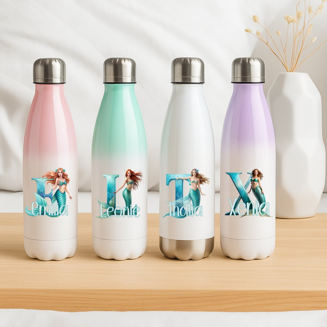Personalisierte Thermoflasche Kinder mit Namen Meerjungfrau Motiv für Schule und Kindergarten
