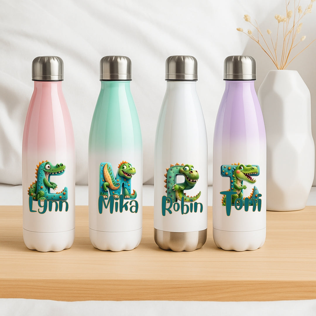 Personalisierte Thermoflasche Kinder mit Namen Dino Motiv für Schule und Kindergarten
