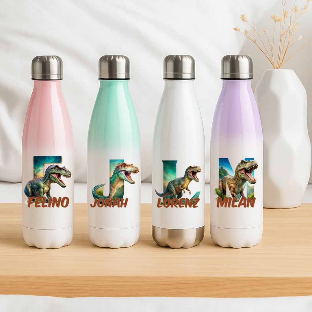 Personalisierte Thermoflasche Kinder mit Namen Dinosaurier Motiv für Schule und Kindergarten