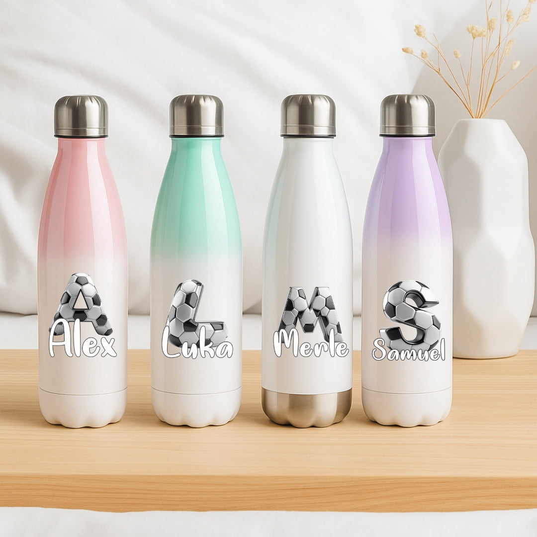 Kinder Thermosflasche 500 ml aus Edelstahl mit Fussball Design und personalisiertem Namen