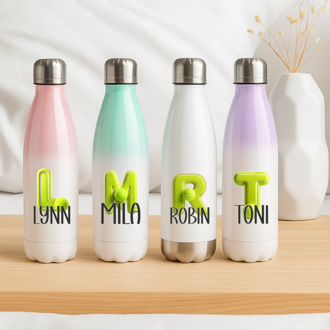 Kinder Thermosflasche 500 ml aus Edelstahl mit Tennis Design und personalisiertem Namen