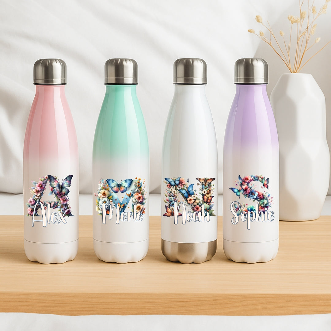 Personalisierte Thermoflasche Kinder mit Namen Blume Schmetterling Motiv für Schule und Kindergarten