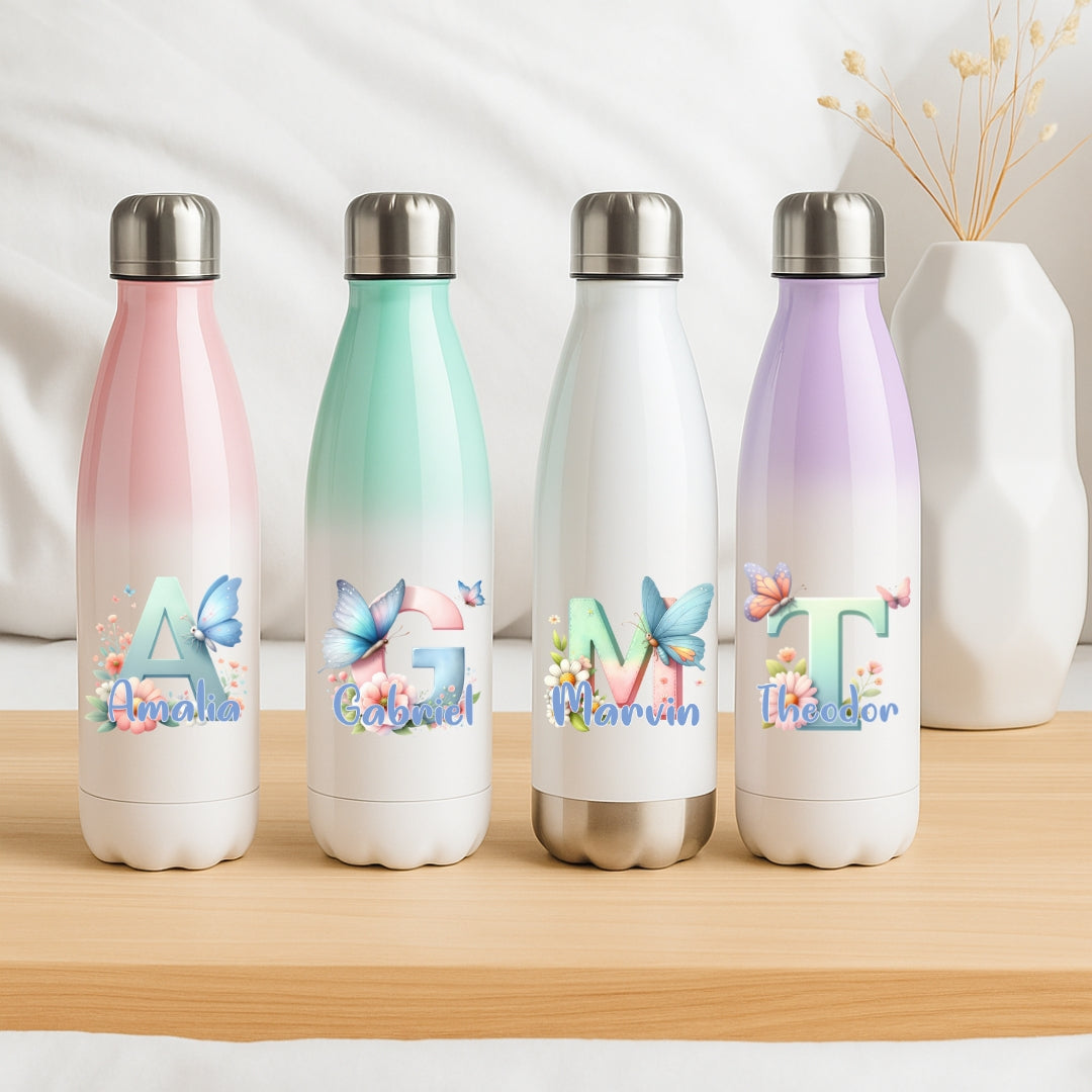 Personalisierte Thermoflasche Kinder mit Namen Schmetterling Motiv für Schule und Kindergarten
