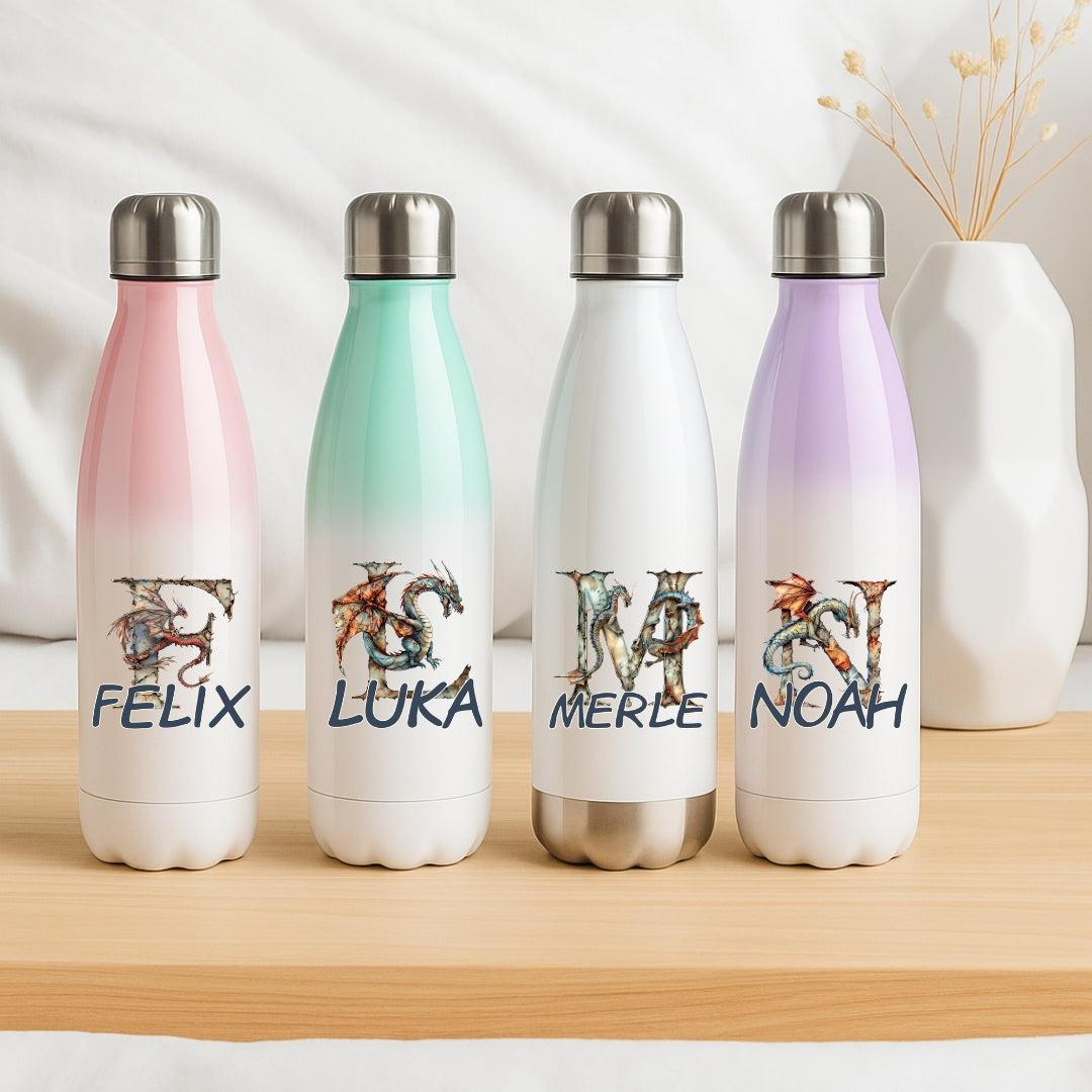 Personalisierte Thermoflasche Kinder mit Namen Drache Motiv für Schule und Kindergarten