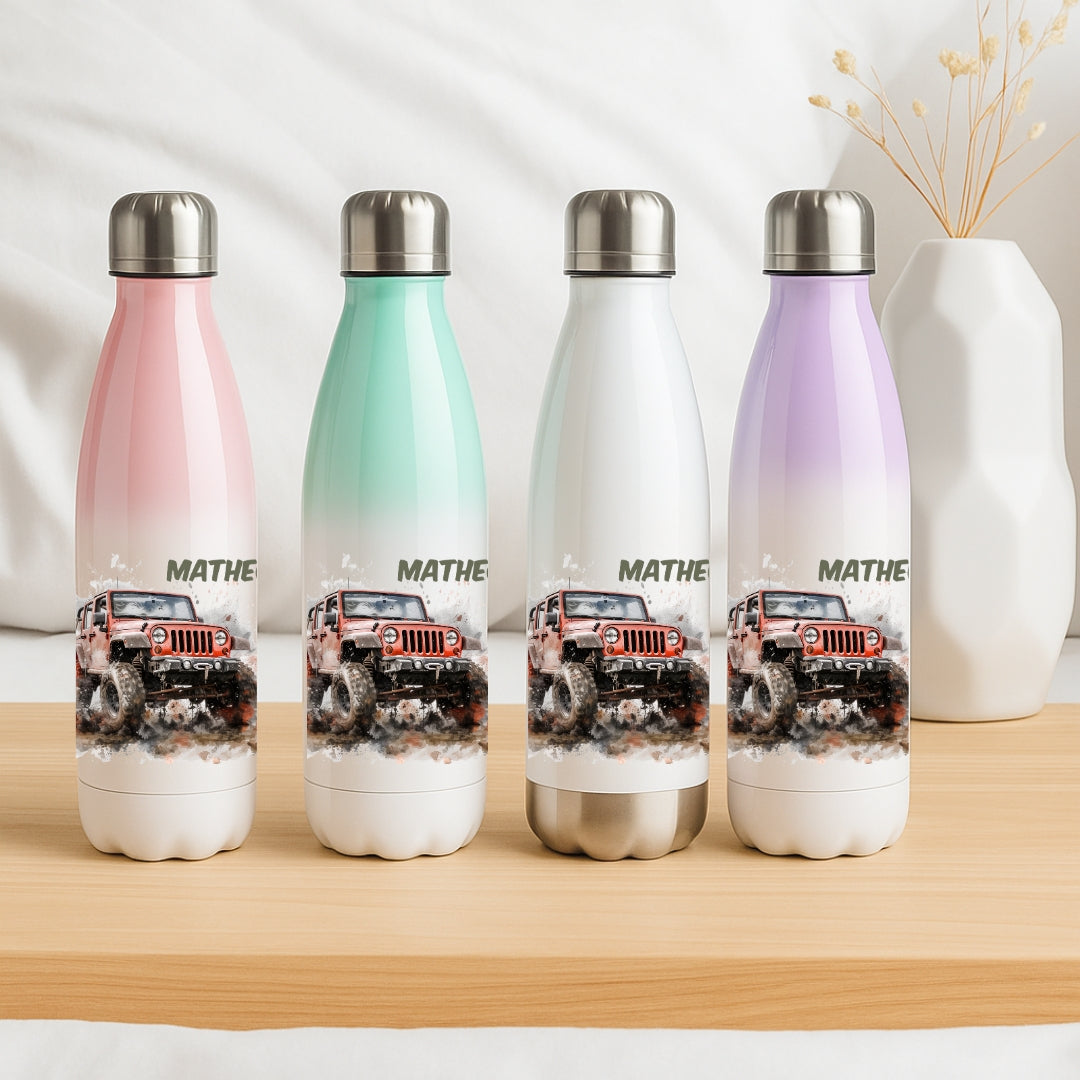 Edelstahl Trinkflasche für Kinder personalisiert mit Auto Motiven