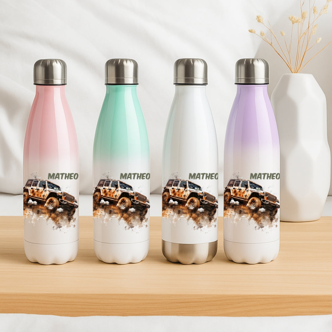 Edelstahl Trinkflasche für Kinder personalisiert mit Auto Motiven