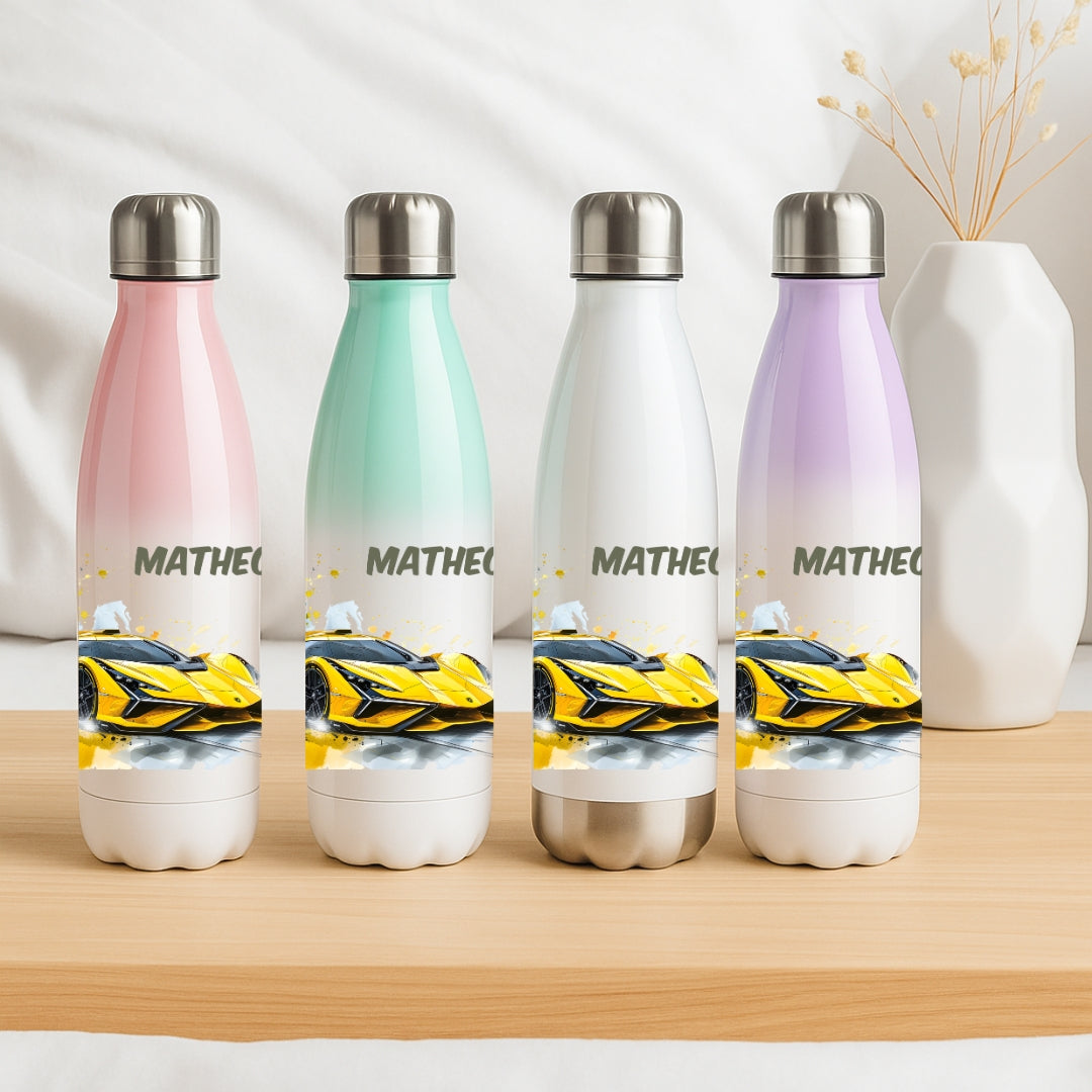 Edelstahl Trinkflasche für Kinder personalisiert mit Auto Motiven
