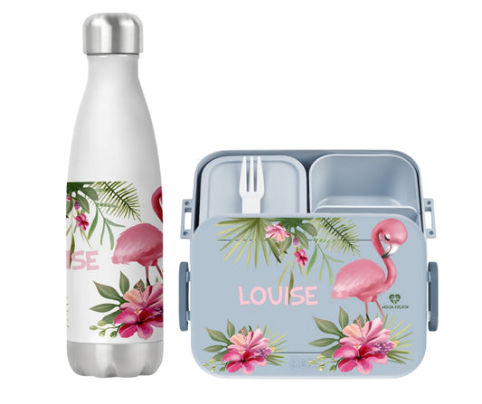 Bentobox und Thermoflasche Flamingo Blumen mit Namen