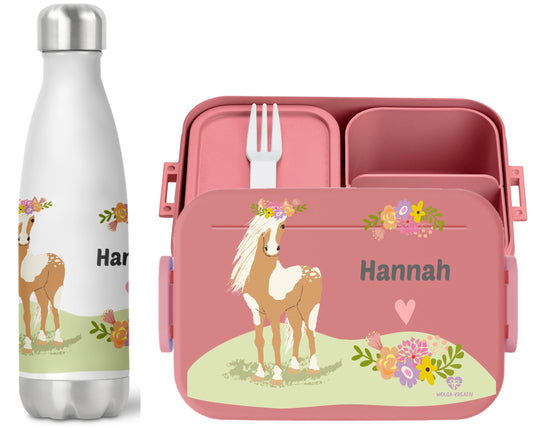 Set Bentobox und Thermoflasche Pony mit Namen