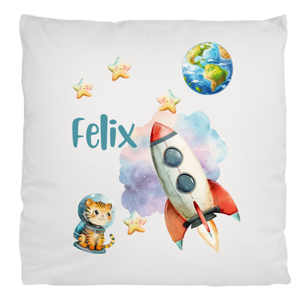 Personalisiertes Kinderkissen mit Weltall-Motiv – Rakete, Planeten & Name, 40x40 cm, weich & pflegeleicht

