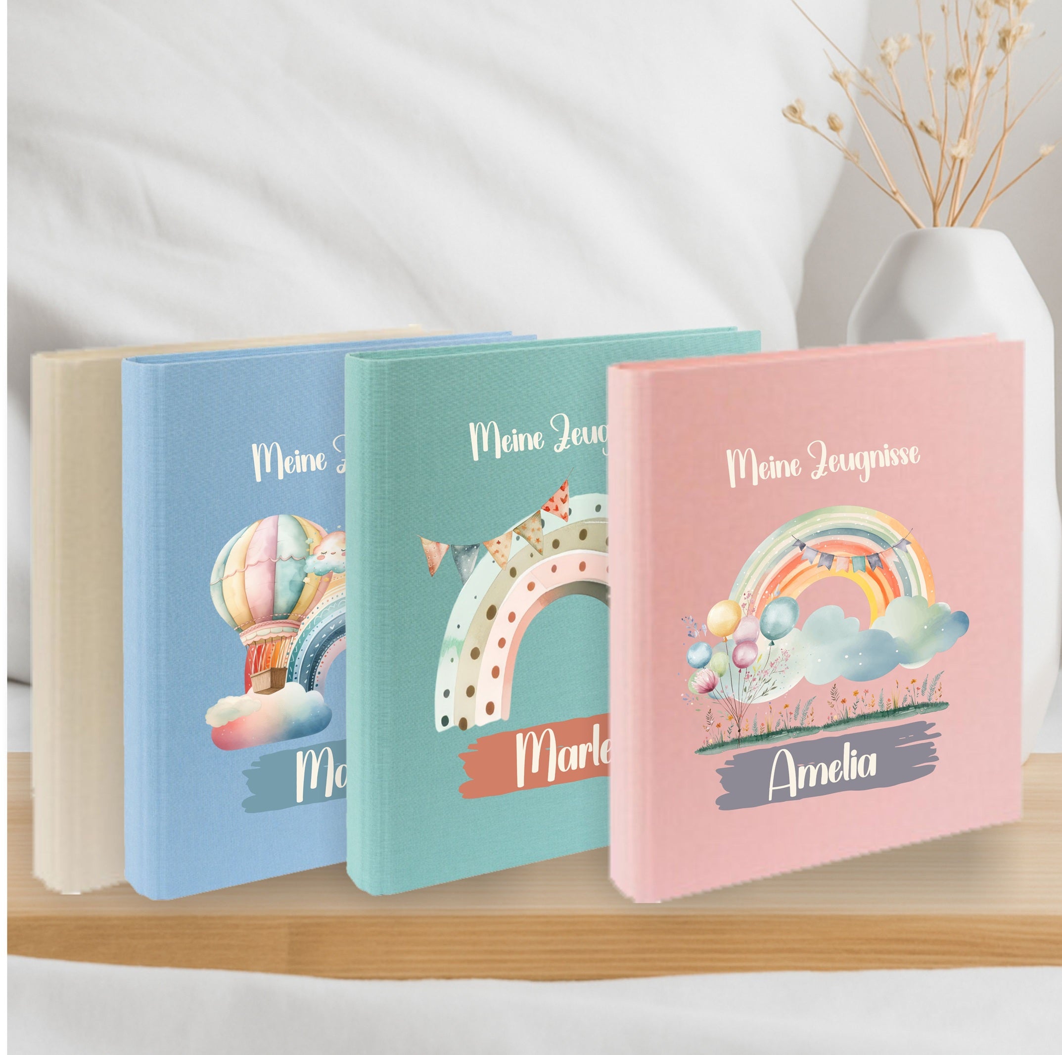 Zeugnismappe Regenbogen personalisiert mit Namen – Einschulungsgeschenk Kinder A4 Leinen