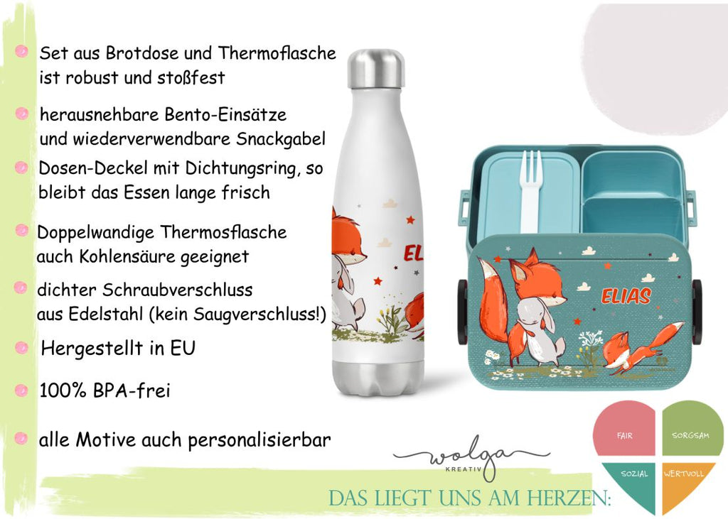 Bentobox und Thermoflasche Einhorn Federn mit Namen - wolga-kreativ