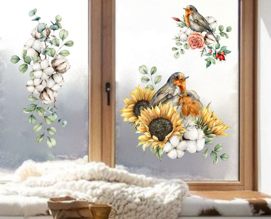 fenstersticker fensterdeko herbst blumen vogel